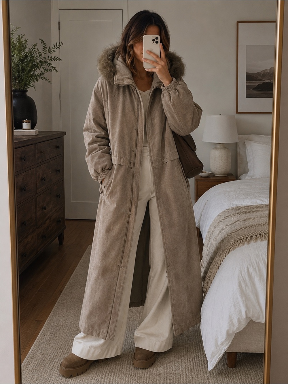 Marcona Faux Suede Long Puffer Coat with Faux Fur Hood – Taupe / Beige –  10 –